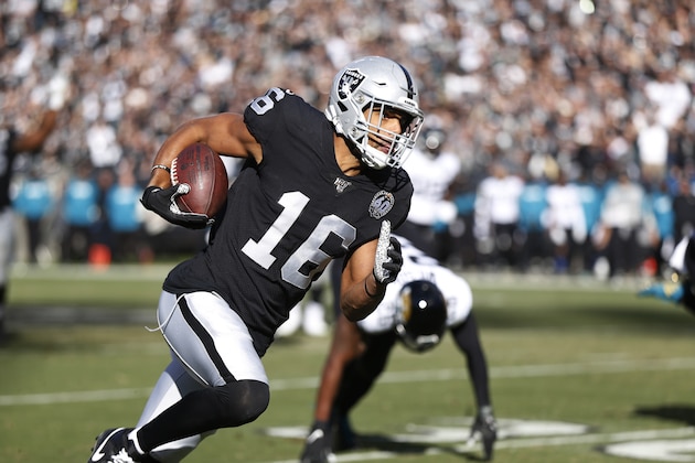 Oakland Raiders wide receiver Tyrell Williams runs with the ball for a touchdown during the first half of an NFL football game against the Jacksonville Jaguars in Oakland, Calif., Sunday, Dec. 15, 2019. (AP Photo/D. Ross Cameron)