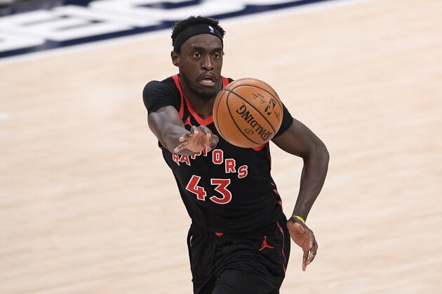 Toronto Raptors forward Pascal Siakam (43) passes during the second half of an NBA basketball game against the Washington Wizards, Wednesday, Feb. 10, 2021, in Washington. (AP Photo/Nick Wass)