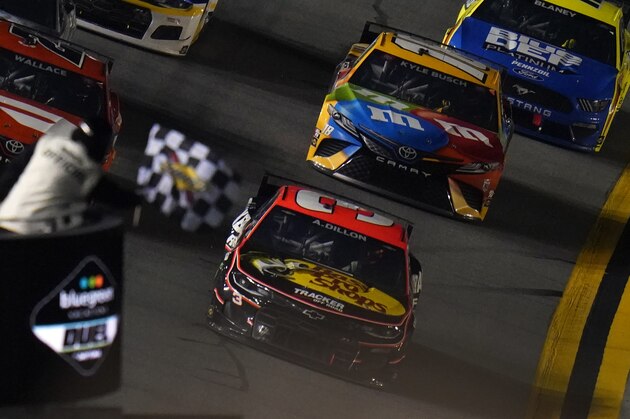 Austin Dillon (3) takes the checkered flag to win the second NASCAR Daytona 500 duel qualifying auto race Friday, Feb. 12, 2021, at the Daytona International Speedway in Daytona Beach, Fla. (AP Photo/Chris O'Meara)