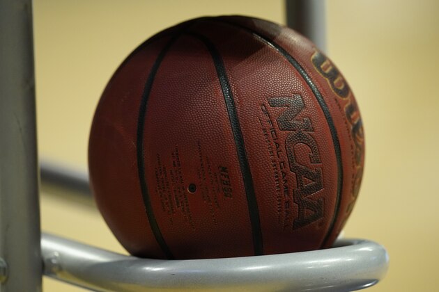 A basketball sits in a rack before an NCAA college basketball game between Drake and Illinois State, Monday, Feb. 1, 2021, in Des Moines, Iowa. (AP Photo/Charlie Neibergall)