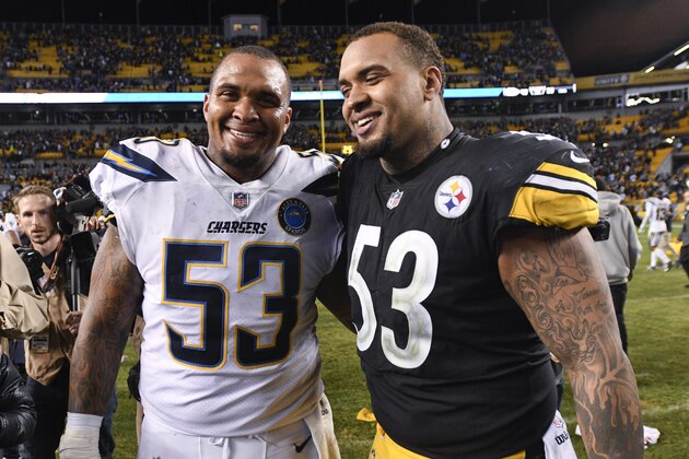 Brothers Pittsburgh Steelers center Maurkice Pouncey (53), right, and Los Angeles Chargers center Mike Pouncey (53), left, pose after playing against each other in an NFL football game, Sunday, Dec. 2, 2018, in Pittsburgh. (AP Photo/Don Wright)