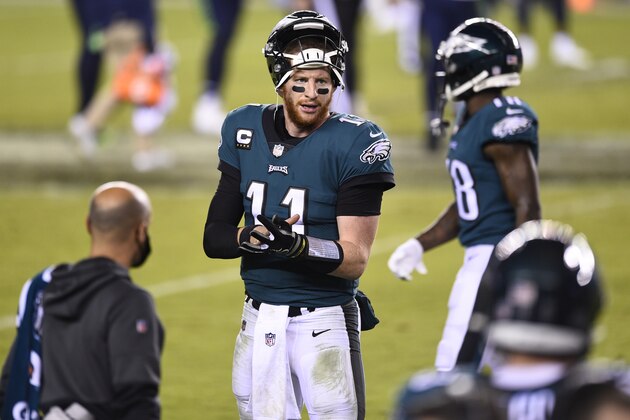 Philadelphia Eagles' Carson Wentz looks to the sidelines during a timeout during the second half of an NFL football game against the Seattle Seahawks, Monday, Nov. 30, 2020, in Philadelphia. (AP Photo/Derik Hamilton)