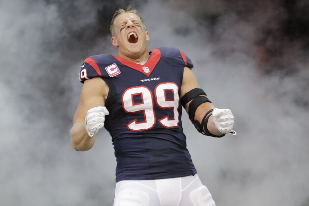 Houston Texans defensive end J.J. Watt yells as he takes the field for an NFL football game against the St. Louis Rams Sunday, Oct. 13, 2013, in Houston, Texas. (AP Photo/Eric Gay)