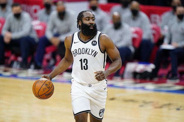 Brooklyn Nets' James Harden plays during an NBA basketball game against the Philadelphia 76ers, Saturday, Feb. 6, 2021, in Philadelphia. (AP Photo/Matt Slocum)
