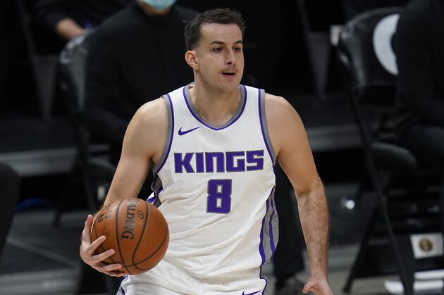 Sacramento Kings forward Nemanja Bjelica (8) in the second half of an NBA basketball game Wednesday, Dec. 23, 2020, in Denver. (AP Photo/David Zalubowski)