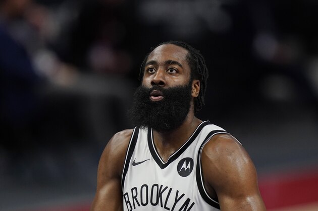 Brooklyn Nets guard James Harden plays during the first half of an NBA basketball game, Tuesday, Feb. 9, 2021, in Detroit. (AP Photo/Carlos Osorio)