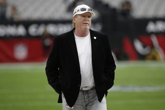 Oakland Raiders owner Mark Clark Davis watches prior to an NFL football game against the Arizona Cardinals, Thursday, Aug. 15, 2019, in Glendale, Ariz. (AP Photo/Rick Scuteri)