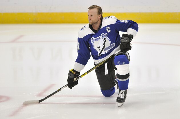 Tampa Bay Lightning's Steven Stamkos stretches before an NHL hockey game against the Detroit Red Wings Friday, Feb. 5, 2021, in Tampa, Fla. (AP Photo/Steve Nesius)