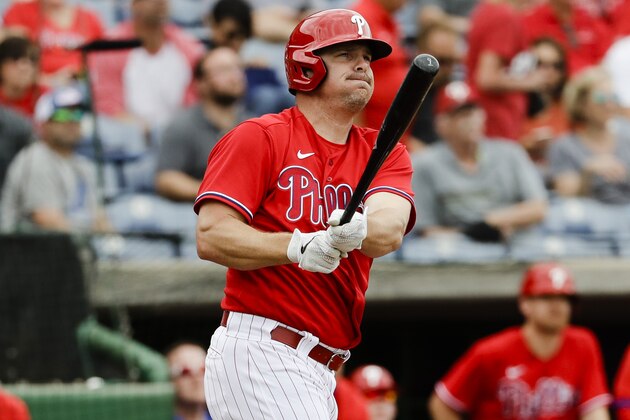 Philadelphia Phillies left fielder Jay Bruce during the third inning of a spring training baseball game against the Toronto Blue Jays Tuesday, Feb. 25, 2020, in Clearwater, Fla. (AP Photo/Frank Franklin II) Philadelphia Phillies left fielder Jay Bruce during the third inning of a spring training baseball game against the Toronto Blue Jays Tuesday, Feb. 25, 2020, in Clearwater, Fla. (AP Photo/Frank Franklin II)