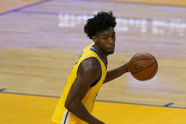 Golden State Warriors center James Wiseman against the Detroit Pistons during an NBA basketball game in San Francisco, Saturday, Jan. 30, 2021. (AP Photo/Jeff Chiu)