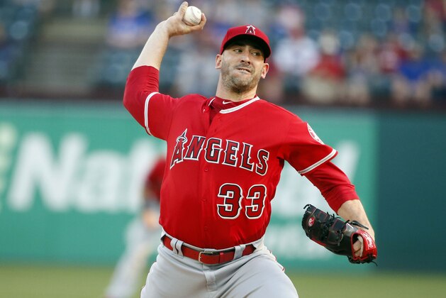 Los Angeles Angels starting pitcher Matt Harvey (33) throws against the Texas Rangers during the first inning of a baseball game Wednesday, April 17, 2019, in Arlington, Texas. (AP Photo/Michael Ainsworth)