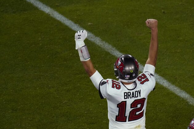 Tampa Bay Buccaneers quarterback Tom Brady (12) reacts near the end of the NFL Super Bowl 55 football game Sunday, Feb. 7, 2021, in Tampa, Fla. The Buccaneers defeated the Chiefs 31-9 to win the Super Bowl. (AP Photo/Charlie Riedel)