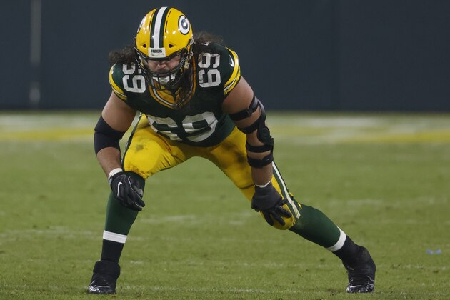 Green Bay Packers offensive tackle David Bakhtiari (69) in action during an NFL football game, Saturday, Dec 19. 2020, between the Carolina Panthers and Green Bay Packers in Green Bay, Wis. (AP Photo/Jeffrey Phelps)