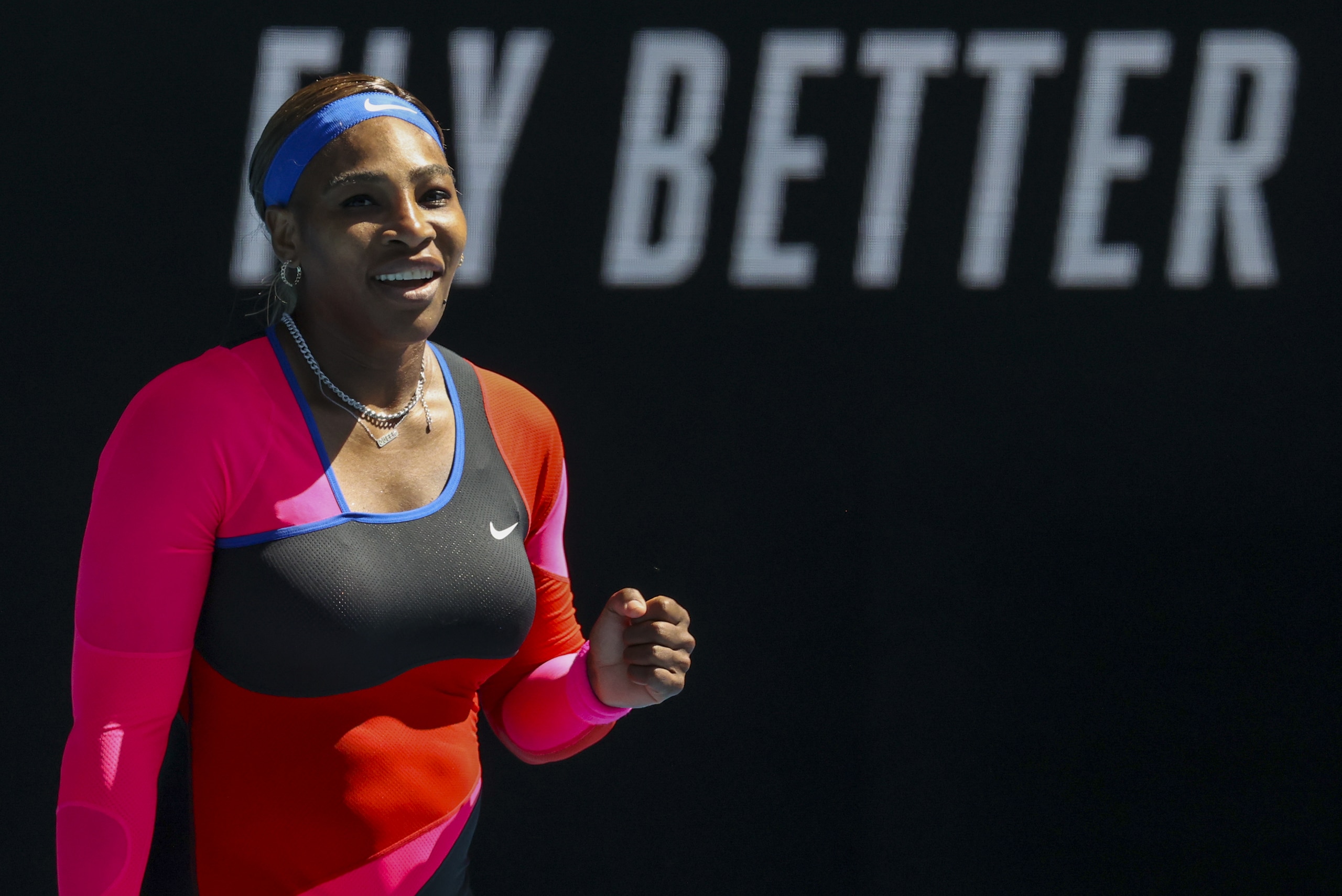 United States' Serena Williams celebrates after winning her fourth round match against Aryna Sabalenka of Belarus at the Australian Open tennis championship in Melbourne, Australia, Sunday, Feb. 14, 2021.(AP Photo/Hamish Blair)