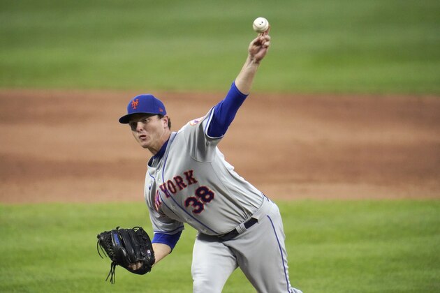 New York Mets relief pitcher Justin Wilson throws a pitch to the Baltimore Orioles during the ninth inning of a baseball game, Wednesday, Sept. 2, 2020, in Baltimore. The Mets won 9-4. (AP Photo/Julio Cortez)