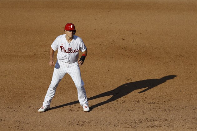 Philadelphia Phillies' J.T. Realmuto plays during the first baseball game in a doubleheader against the New York Yankees, Wednesday, Aug. 5, 2020, in Philadelphia. (AP Photo/Matt Slocum)