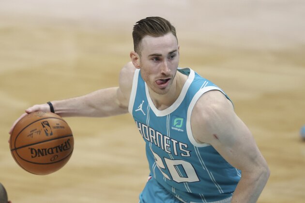 Charlotte Hornets forward Gordon Hayward brings the ball up court against the Minnesota Timberwolves during the second half of an NBA basketball game in Charlotte, N.C., Friday, Feb. 12, 2021. Charlotte won 120-114. (AP Photo/Nell Redmond)