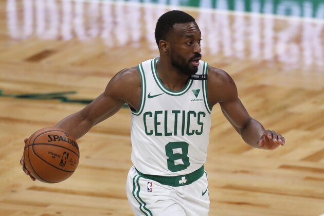 Boston Celtics' Kemba Walker plays against the Toronto Raptors during the second half of an NBA basketball game, Thursday, Feb. 11, 2021, in Boston. (AP Photo/Michael Dwyer)