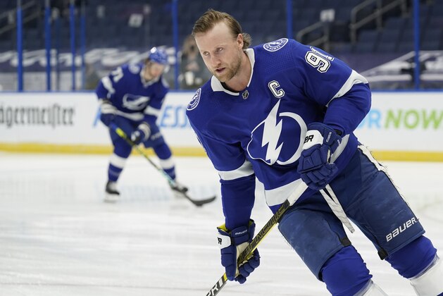 Tampa Bay Lightning center Steven Stamkos (91) before an NHL hockey game against the Detroit Red Wings Wednesday, Feb. 3, 2021, in Tampa, Fla. (AP Photo/Chris O'Meara)