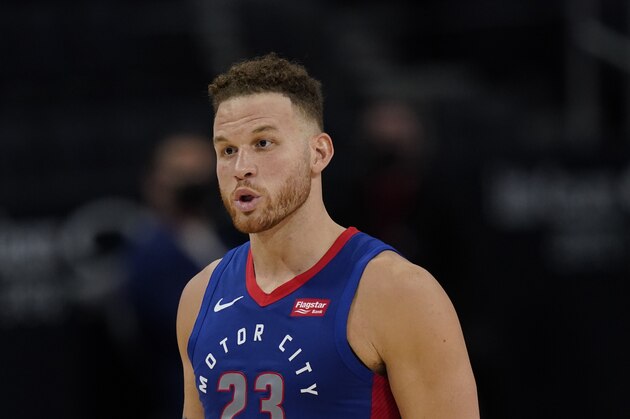 Detroit Pistons forward Blake Griffin plays during the first half of an NBA basketball game, Tuesday, Feb. 9, 2021, in Detroit. (AP Photo/Carlos Osorio)