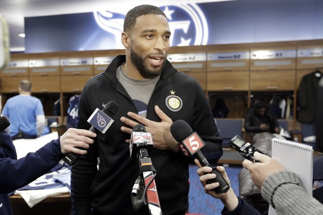 Tennessee Titans inside linebacker Wesley Woodyard talks with reporters as players clean out their lockers Monday, Jan. 20, 2020, in Nashville, Tenn. The Titans lost the AFC Championship NFL football game Sunday to the Kansas City Chiefs 35-24. (AP Photo/Mark Humphrey)