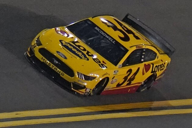 Michael McDowell runs during a NASCAR Daytona 500 qualifying session Wednesday, Feb. 10, 2021, at Daytona International Speedway in Daytona Beach, Fla. (AP Photo/Chris O'Meara)