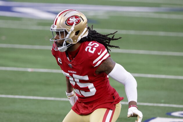 San Francisco 49ers cornerback Richard Sherman (25) defends during an NFL football game in Arlington, Texas, Sunday, Dec. 20, 2020. (AP Photo/Michael Ainsworth)