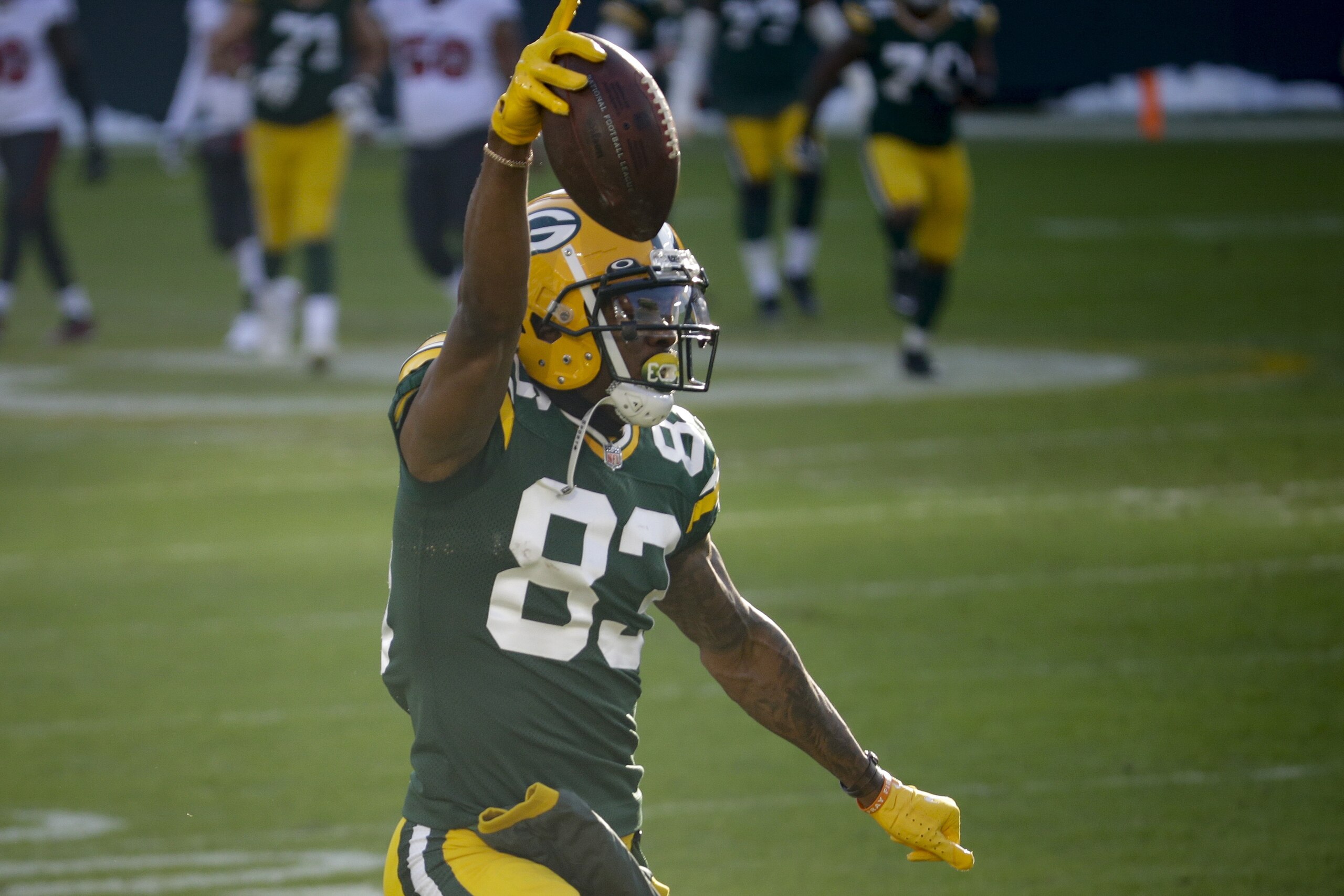 Green Bay Packers' Marquez Valdes-Scantling celebrates after making a 50-yard touchdown catch against Tampa Bay Buccaneers during the first half of the NFC championship NFL football game in Green Bay, Wis., Sunday, Jan. 24, 2021. (AP Photo/Mike Roemer) Green Bay Packers' Marquez Valdes-Scantling celebrates after making a 50-yard touchdown catch against Tampa Bay Buccaneers during the first half of the NFC championship NFL football game in Green Bay, Wis., Sunday, Jan. 24, 2021. (AP Photo/Mike Roemer)