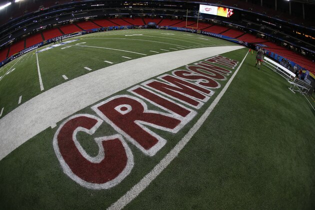 The Alabama logo is seen Friday, Dec. 5, 2014, in Atlanta, ahead of the Southeastern Conference championship football game between Alabama and Missouri held Saturday. (AP Photo/John Bazemore)