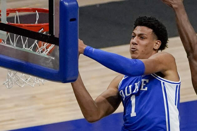 Duke's Jalen Johnson (1) shoots against Pittsburgh during the second half of an NCAA college basketball game, Tuesday, Jan. 19, 2021, in Pittsburgh. (AP Photo/Keith Srakocic)