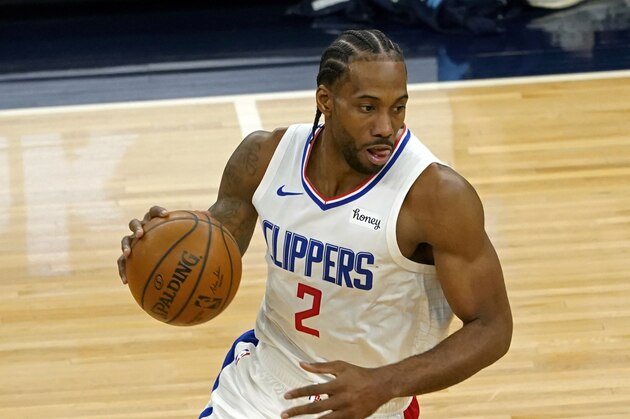 Los Angeles Clippers' Kawhi Leonard (2) plays against the Minnesota Timberwolves in an NBA basketball game, Wednesday, Feb. 10, 2021, in Minneapolis. (AP Photo/Jim Mone)