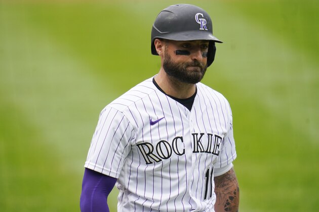 Colorado Rockies center fielder Kevin Pillar (11) in the first inning of a baseball game Sunday, Sept. 20, 2020, in Denver. (AP Photo/David Zalubowski)