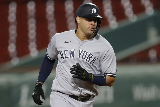New York Yankees' Gary Sanchez plays against the Boston Red Sox during the ninth inning of a baseball game, Friday, Sept. 18, 2020, in Boston. (AP Photo/Michael Dwyer)