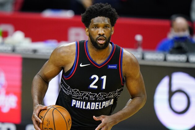 Philadelphia 76ers' Joel Embiid plays during an NBA basketball game against the Brooklyn Nets, Saturday, Feb. 6, 2021, in Philadelphia. (AP Photo/Matt Slocum)