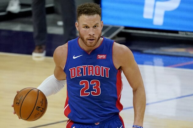 Detroit Pistons forward Blake Griffin (23) against the Phoenix Suns during the first half of an NBA basketball game, Friday, Feb. 5, 2021, in Phoenix. (AP Photo/Matt York)