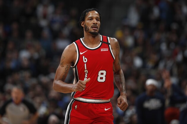 Portland Trail Blazers forward Trevor Ariza (8) in the first half of an NBA basketball game Tuesday, Feb. 4, 2020, in Denver. (AP Photo/David Zalubowski)