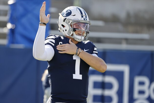 BYU quarterback Zach Wilson (1) warms up prior to playing against North Alabama in an NCAA college football game Saturday, Nov. 21, 2020, in Provo, Utah. (AP Photo/Jeff Swinger, Pool)