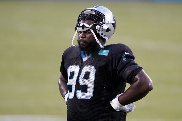 Carolina Panthers defensive tackle Kawann Short watches during an NFL football camp practice Wednesday, Aug. 26, 2020, in Charlotte, N.C. (AP Photo/Chris Carlson)