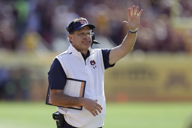 Auburn head coach Gus Malzahn during the first half of the Outback Bowl NCAA college football game against Minnesota Wednesday, Jan. 1, 2020, in Tampa, Fla. (AP Photo/Chris O'Meara)