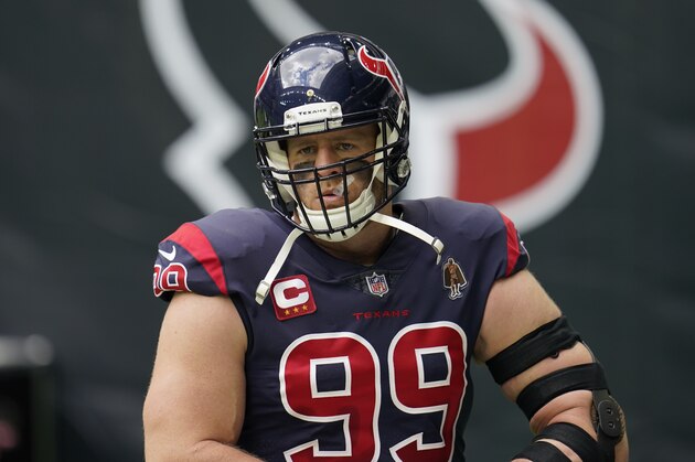 Houston Texans defensive end J.J. Watt (99) is seen during pregame warmups before an NFL football game against the Cincinnati Bengals, Sunday, Dec. 27, 2020, in Houston. (AP Photo/Matt Patterson)