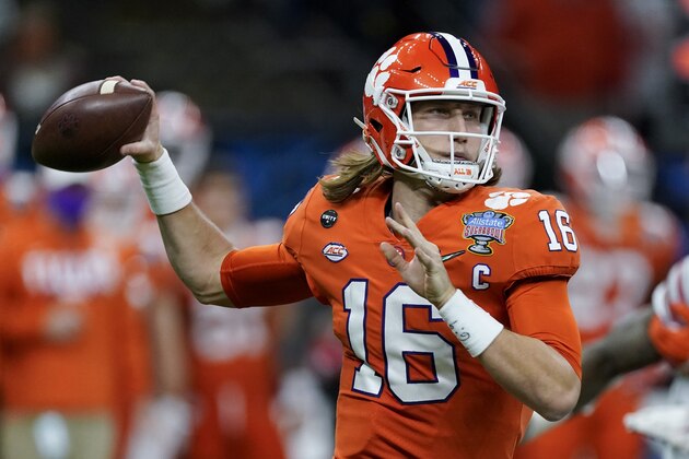 Clemson quarterback Trevor Lawrence passes against Ohio State during the first half of the Sugar Bowl NCAA college football game Friday, Jan. 1, 2021, in New Orleans. (AP Photo/John Bazemore) Clemson quarterback Trevor Lawrence passes against Ohio State during the first half of the Sugar Bowl NCAA college football game Friday, Jan. 1, 2021, in New Orleans. (AP Photo/John Bazemore)