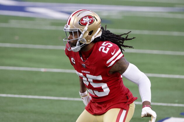 San Francisco 49ers cornerback Richard Sherman (25) defends during an NFL football game in Arlington, Texas, Sunday, Dec. 20, 2020. (AP Photo/Michael Ainsworth)
