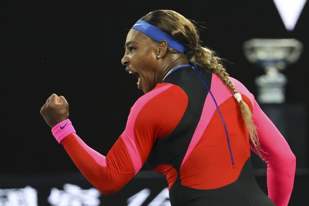 United States' Serena Williams reacts after winning a point against Romania's Simona Halep during their quarterfinal match at the Australian Open tennis championship in Melbourne, Australia, Tuesday, Feb. 16, 2021.(AP Photo/Hamish Blair)