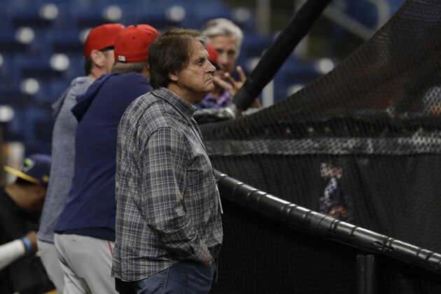 Tony La Russa, Boston Red Sox vice president and special assistant to the president of baseball operations before a baseball game against the Tampa Bay Rays Friday, April 19, 2019, in St. Petersburg, Fla. (AP Photo/Chris O'Meara)