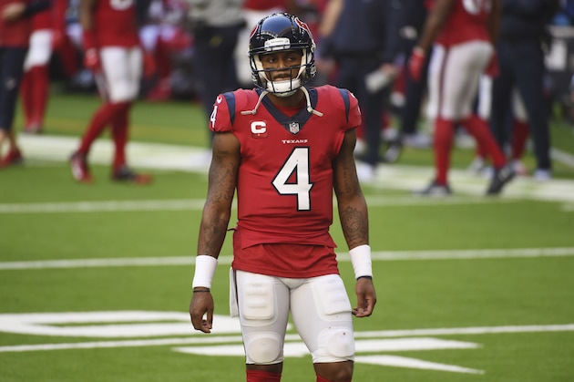 Houston Texans quarterback Deshaun Watson (4) walks off the field after he was sacked during the second half of an NFL football game against the Indianapolis Colts, Sunday, Dec. 6, 2020, in Houston. (AP Photo/Eric Christian Smith)