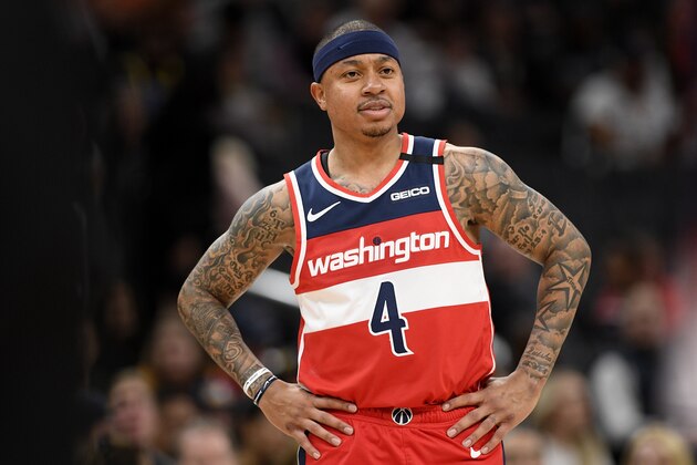 Washington Wizards guard Isaiah Thomas (4) stands on the court during the first half of an NBA basketball game against the Denver Nuggets, Saturday, Jan. 4, 2020, in Washington. (AP Photo/Nick Wass)