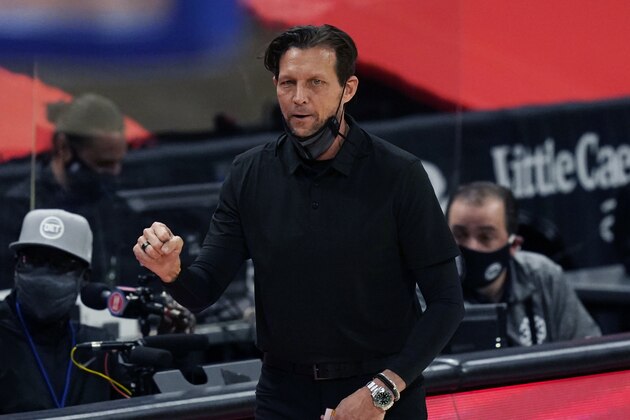Utah Jazz head coach Quin Snyder looks on from the sideline during the first half of an NBA basketball game against the Detroit Pistons, Sunday, Jan. 10, 2021, in Detroit. (AP Photo/Carlos Osorio)