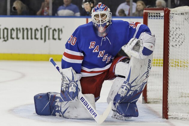 FILE - New York Rangers' Henrik Lundqvist reacts after a save during the third period of an NHL hockey game against the Philadelphia Flyers in New York, in this Sunday, March 1, 2020, file photo. The Flyers defeated the Rangers 5-3. Star goalie Henrik Lundqvist will sit out the upcoming NHL season because of a heart condition, announcing the news a little more than two months after joining the Washington Capitals. Lundqvist posted a written statement and a videotaped one on social media Thursday, Dec. 17, 2020, saying it was a