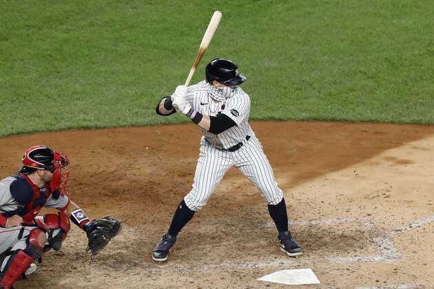 New York Yankees Clint Frazier (77) at bat in a baseball game against the Boston Red Sox, Sunday, Aug. 16, 2020, in New York. (AP Photo/Kathy Willens)