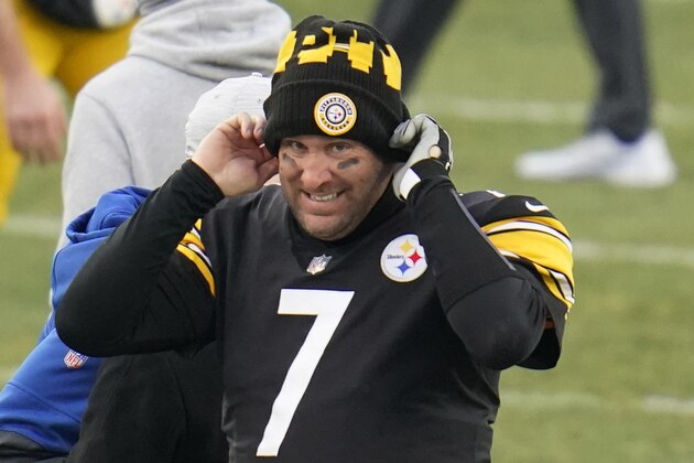 Pittsburgh Steelers quarterback Ben Roethlisberger (7) pulls on a knit cap following an NFL football game against the Indianapolis Colts, Sunday, Dec. 27, 2020, in Pittsburgh. The Steelers won 28-24. (AP Photo/Gene J. Puskar)
